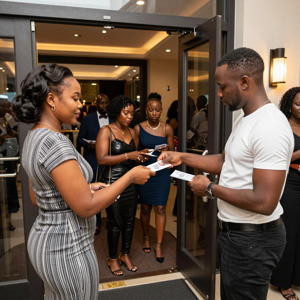 Trusted event check-in moment with guests arriving